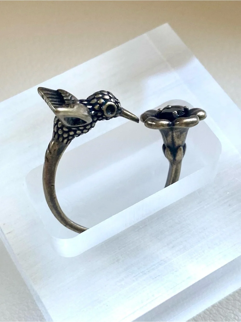 Hummingbird and Flower Open Ring in Brass Tone